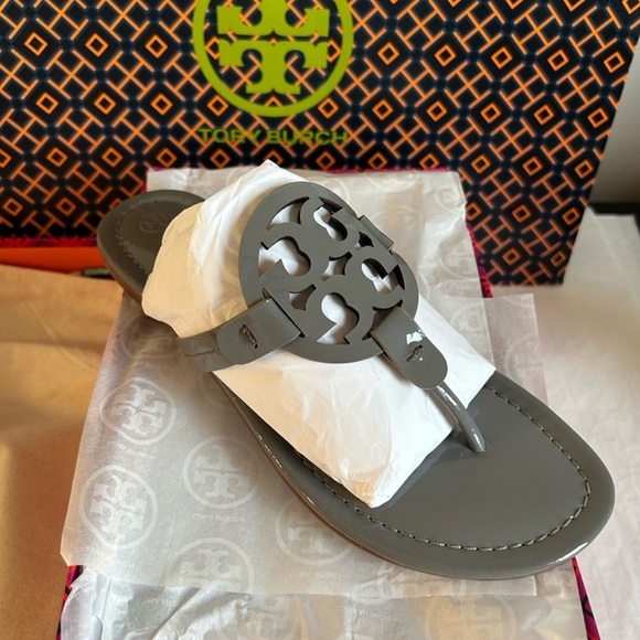 Tory Burch Miller Patent Leather Sandal Malta Gray Size 8 - Picture 1 of 11